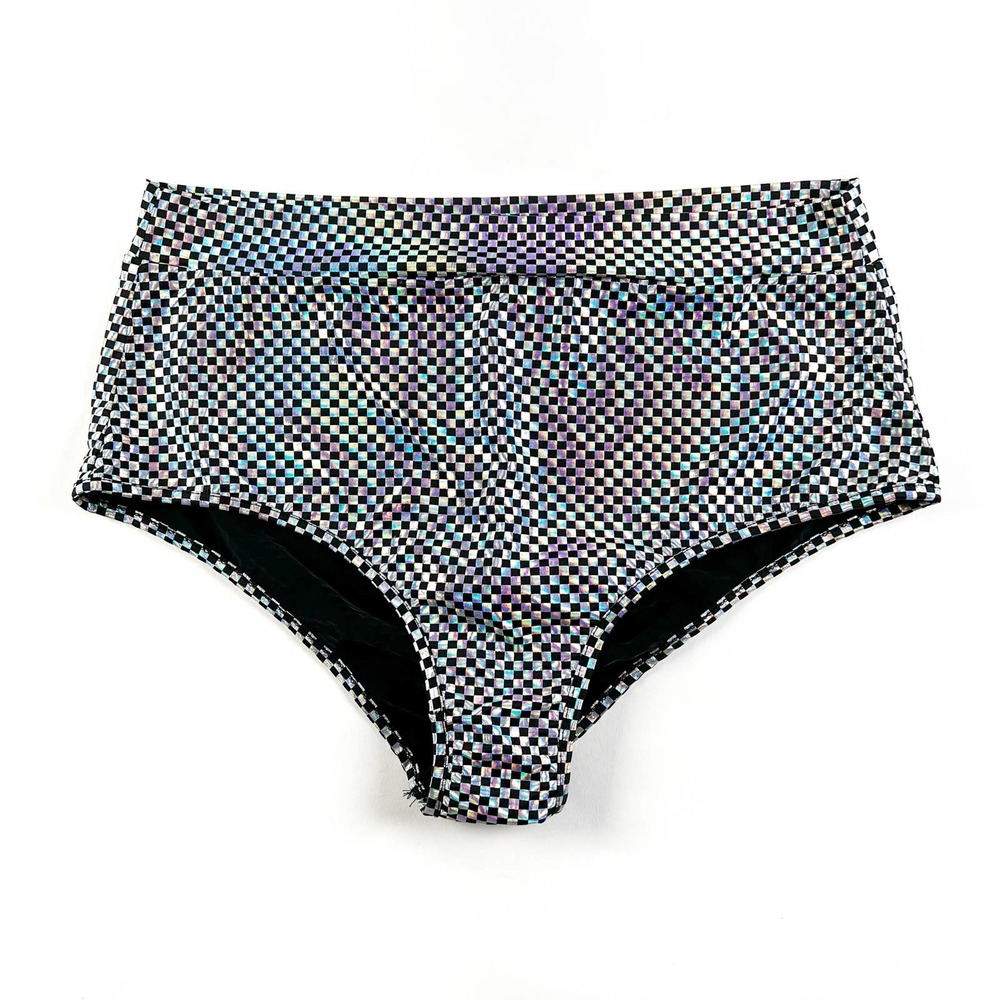 Festival metallic silver black checkered booty shorts dance rave Size XL